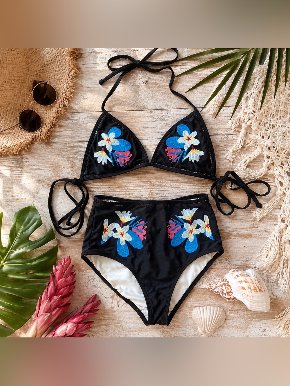 Cupshe Black Embroidered Floral Bikini Set High Waist Swimwear Women Size S